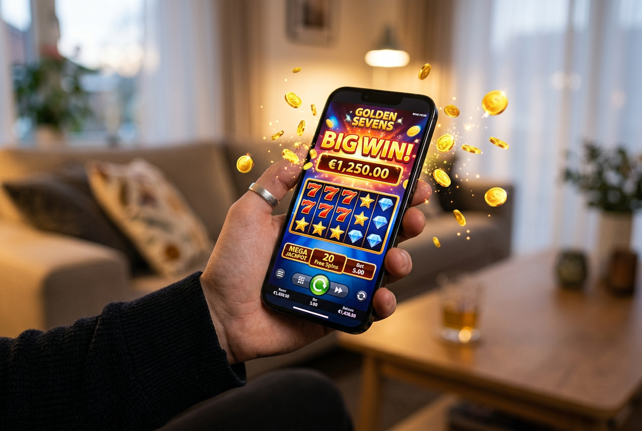 A high-end smartphone displaying a casino game win.