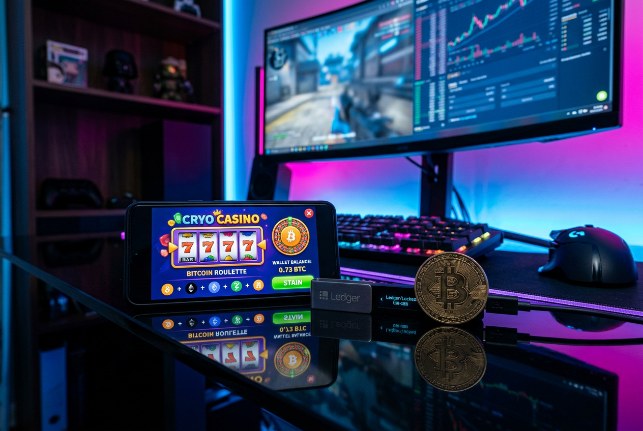 A smartphone with a casino app, a hardware wallet, and a Bitcoin coin on a desk.