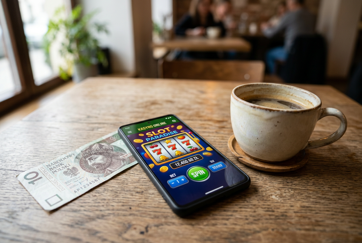 Smartphone with a casino app next to 10 PLN and coffee.