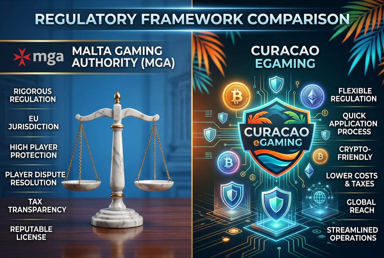 Porównanie logo i cech licencji MGA oraz Curacao